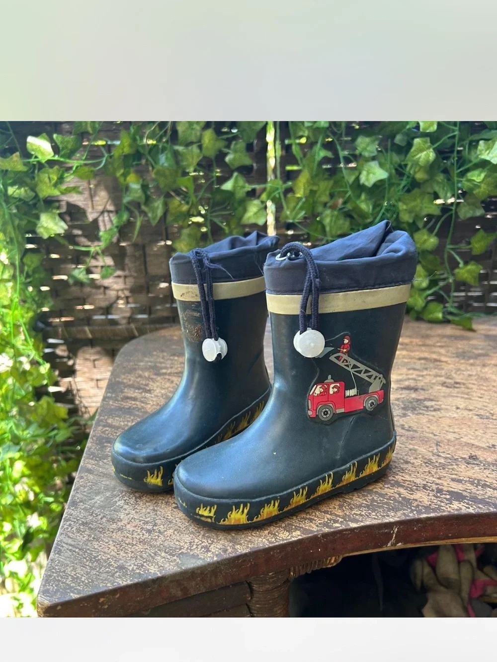 Kids Black Fire Truck Rain Boots with Yellow Flame Trim